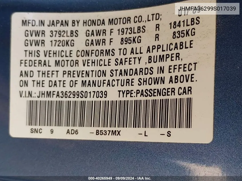 JHMFA36299S017039 2009 Honda Civic Hybrid