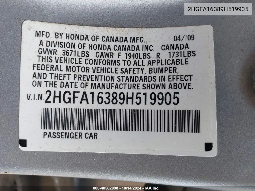 2HGFA16389H519905 2009 Honda Civic Vp