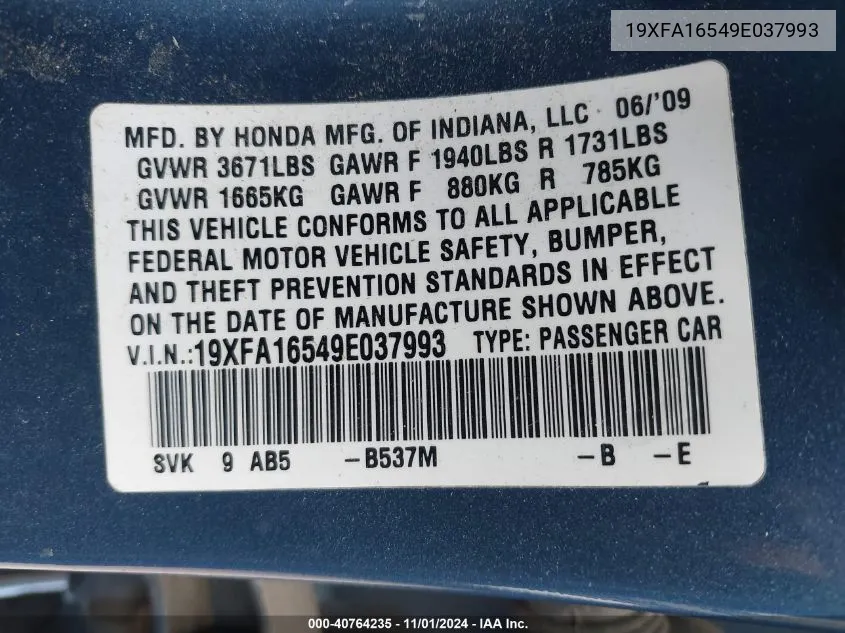 2009 Honda Civic Lx VIN: 19XFA16549E037993 Lot: 40764235