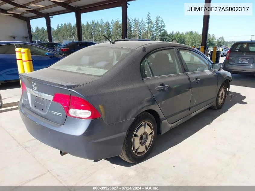 2010 Honda Civic Hybrid VIN: JHMFA3F27AS002317 Lot: 39926827