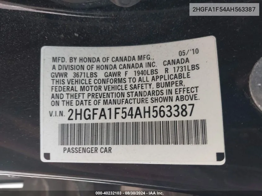 2010 Honda Civic Lx VIN: 2HGFA1F54AH563387 Lot: 40232103