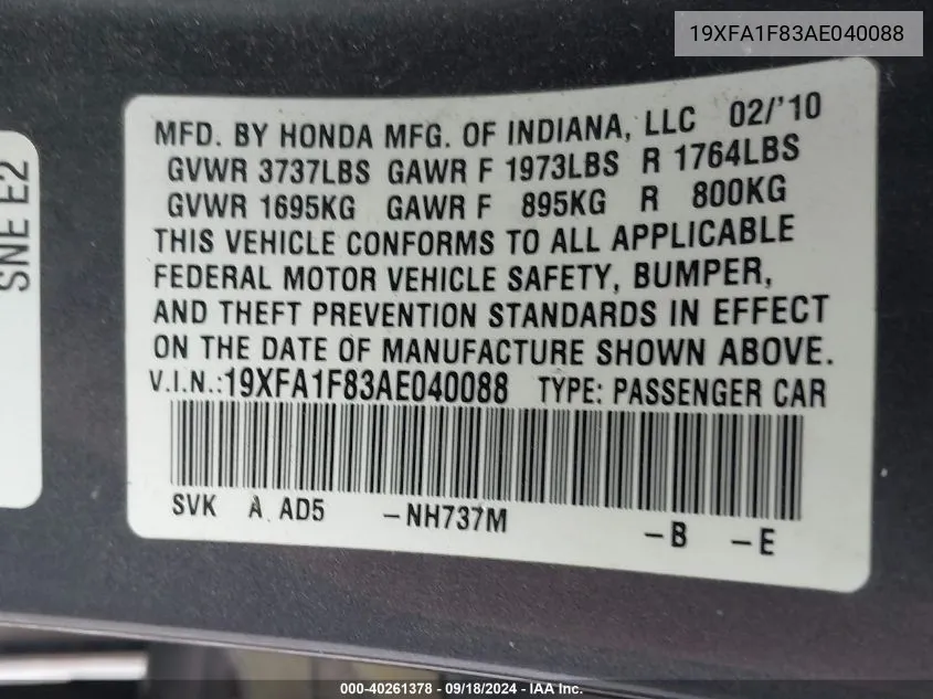 2010 Honda Civic Sdn Ex VIN: 19XFA1F83AE040088 Lot: 40261378