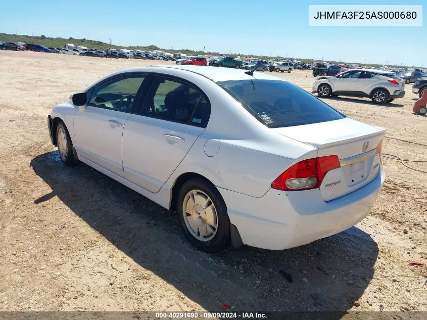 2010 Honda Civic Hybrid VIN: JHMFA3F25AS000680 Lot: 40291690