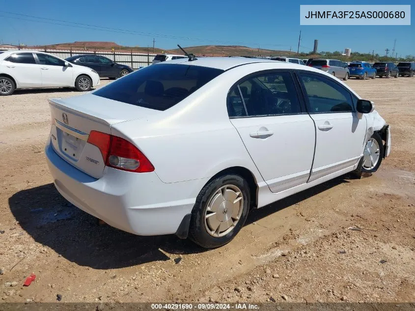 2010 Honda Civic Hybrid VIN: JHMFA3F25AS000680 Lot: 40291690