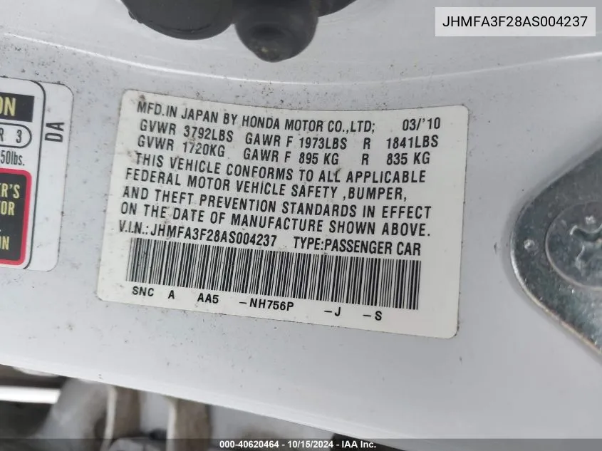 JHMFA3F28AS004237 2010 Honda Civic Hybrid