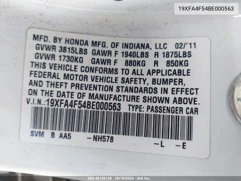 19XFA4F54BE000563 2011 Honda Civic Gx