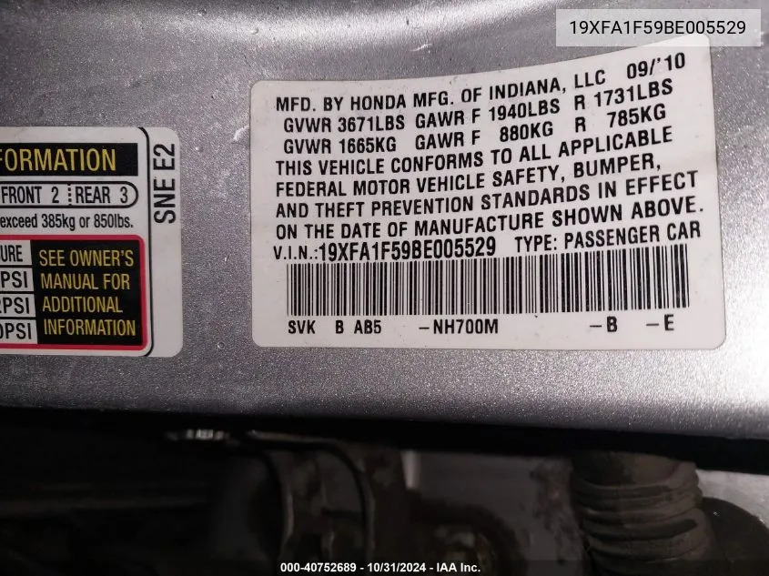 19XFA1F59BE005529 2011 Honda Civic Lx