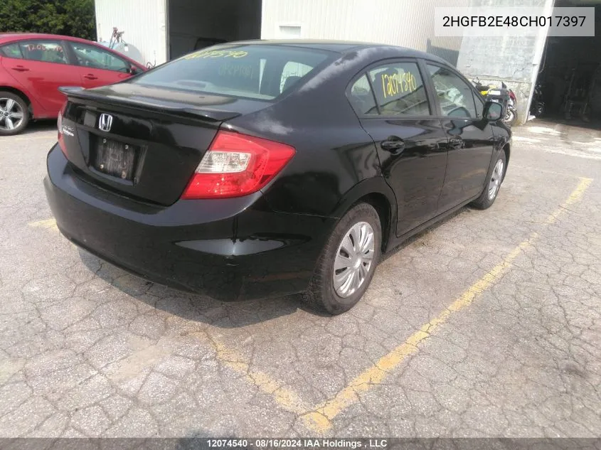 2012 Honda Civic Lx VIN: 2HGFB2E48CH017397 Lot: 12074540