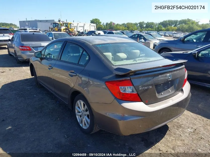 2012 Honda Civic Lx VIN: 2HGFB2F54CH020174 Lot: 12094459