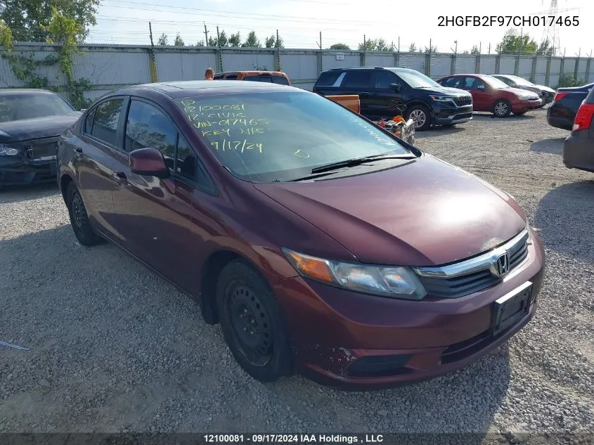 2012 Honda Civic Exl VIN: 2HGFB2F97CH017465 Lot: 12100081