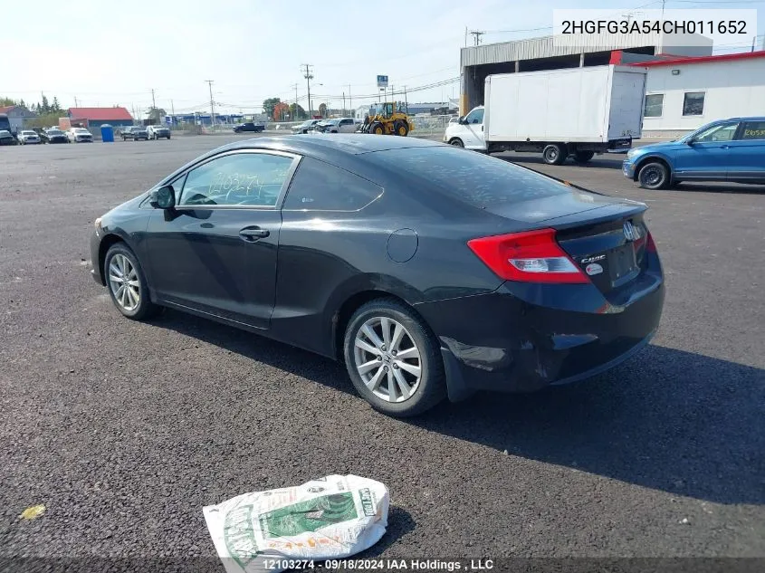 2012 Honda Civic Lx VIN: 2HGFG3A54CH011652 Lot: 12103274