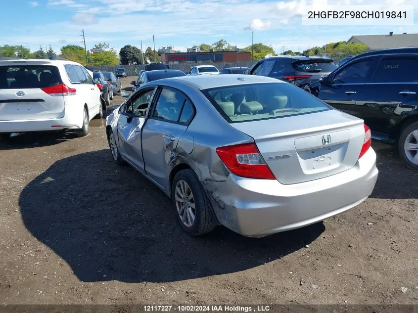 2012 Honda Civic Sdn VIN: 2HGFB2F98CH019841 Lot: 12117227