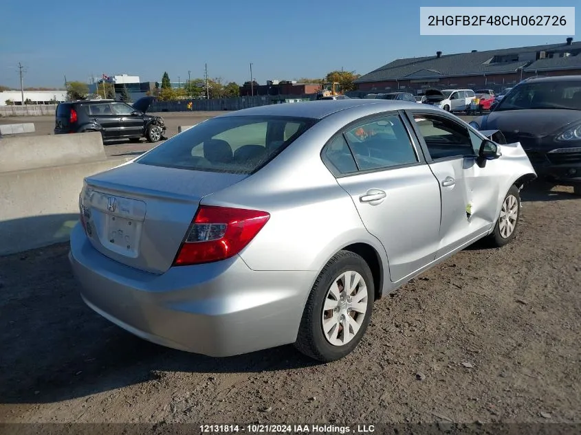 2012 Honda Civic Lx VIN: 2HGFB2F48CH062726 Lot: 12131814