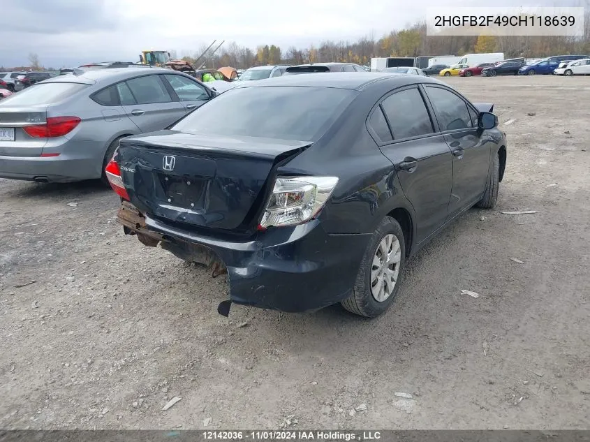 2012 Honda Civic Sdn VIN: 2HGFB2F49CH118639 Lot: 12142036