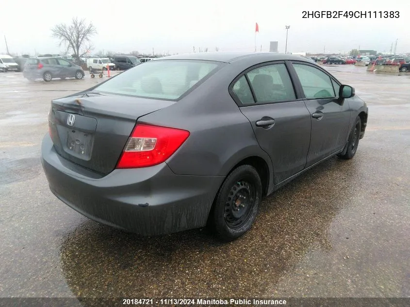 2012 Honda Civic Lx VIN: 2HGFB2F49CH111383 Lot: 20184721