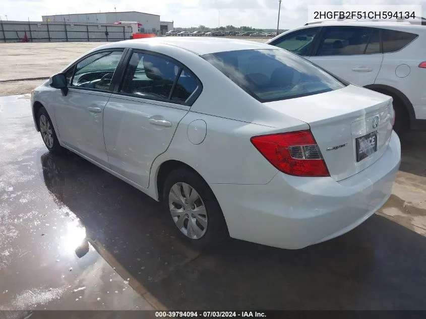 2012 Honda Civic Lx VIN: 2HGFB2F51CH594134 Lot: 39794094