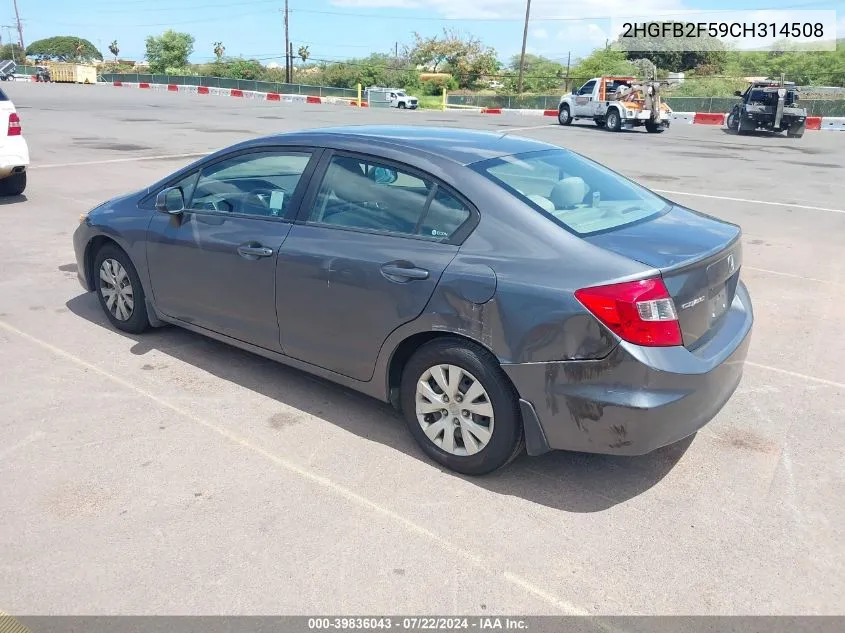 2012 Honda Civic Lx VIN: 2HGFB2F59CH314508 Lot: 39836043