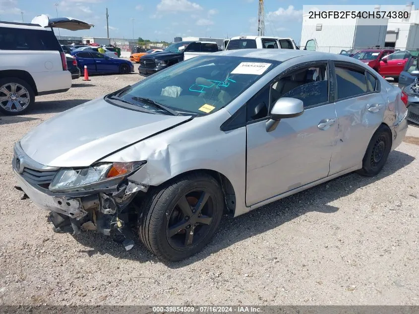 2012 Honda Civic Lx VIN: 2HGFB2F54CH574380 Lot: 39854509