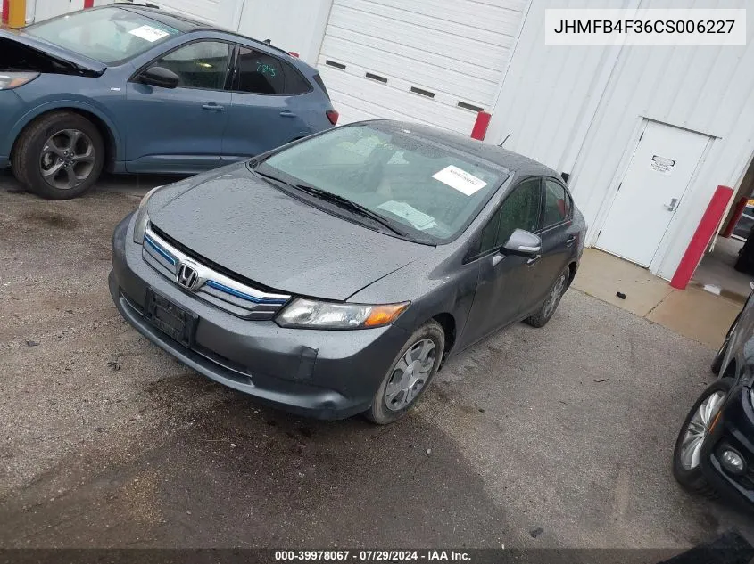 2012 Honda Civic Hybrid VIN: JHMFB4F36CS006227 Lot: 39978067