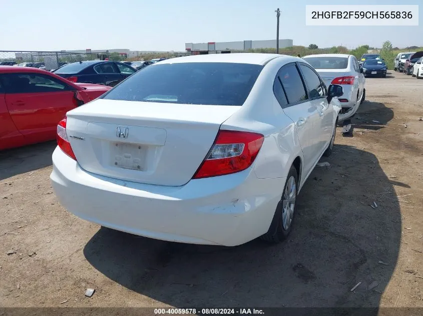 2012 Honda Civic Lx VIN: 2HGFB2F59CH565836 Lot: 40059578