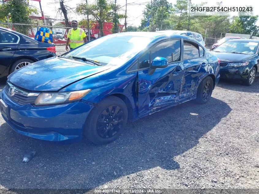 2012 Honda Civic Lx VIN: 2HGFB2F54CH510243 Lot: 40075740