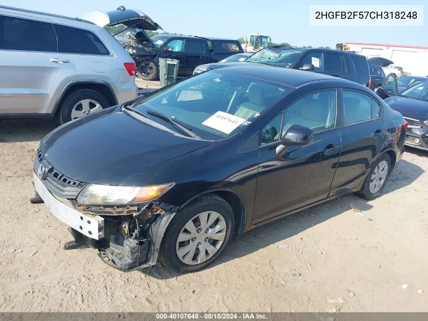 2012 Honda Civic Lx VIN: 2HGFB2F57CH318248 Lot: 40107645