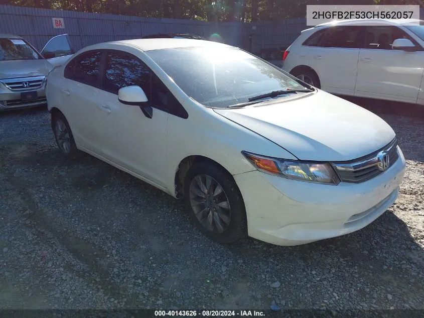 2012 Honda Civic Lx VIN: 2HGFB2F53CH562057 Lot: 40143626