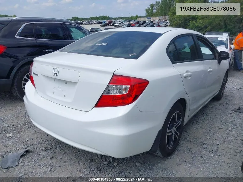 2012 Honda Civic Lx VIN: 19XFB2F58CE078086 Lot: 40184958