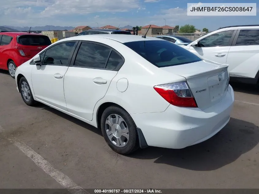 2012 Honda Civic Hybrid VIN: JHMFB4F26CS008647 Lot: 40190757