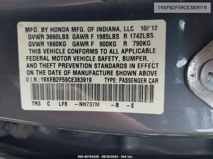 2012 Honda Civic Lx VIN: 19XFB2F59CE383919 Lot: 40193429