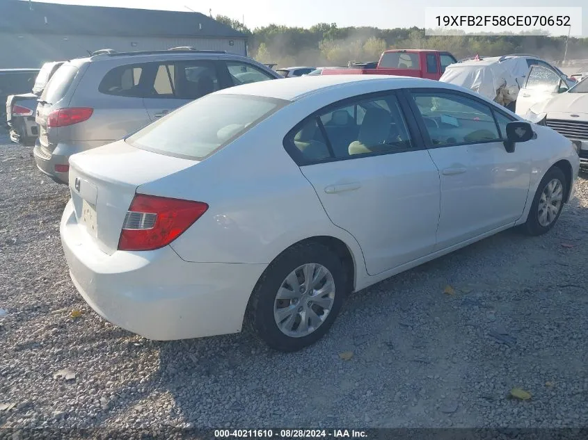 2012 Honda Civic Lx VIN: 19XFB2F58CE070652 Lot: 40211610