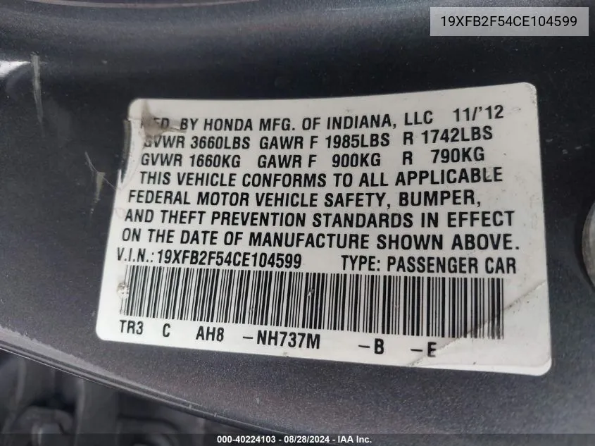 2012 Honda Civic Lx VIN: 19XFB2F54CE104599 Lot: 40224103