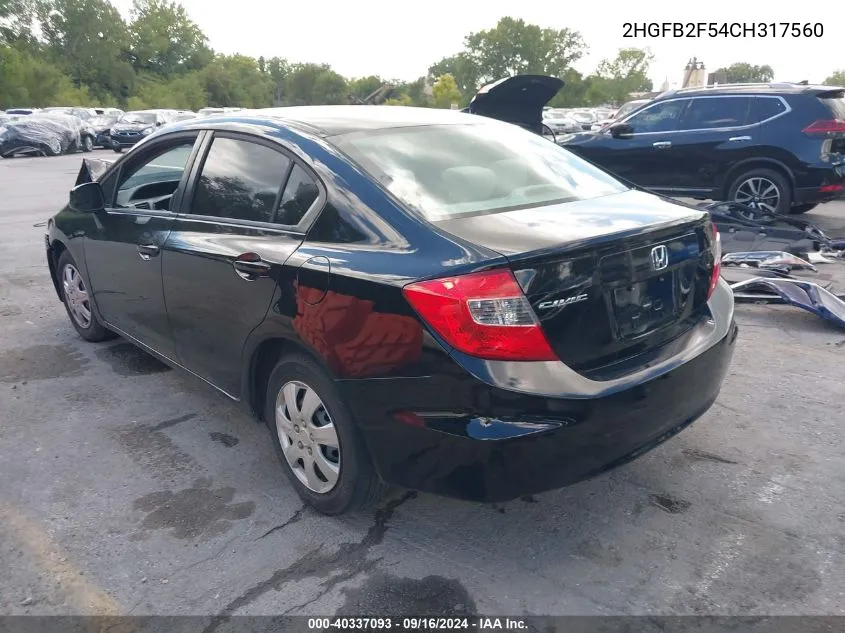 2012 Honda Civic Lx VIN: 2HGFB2F54CH317560 Lot: 40337093