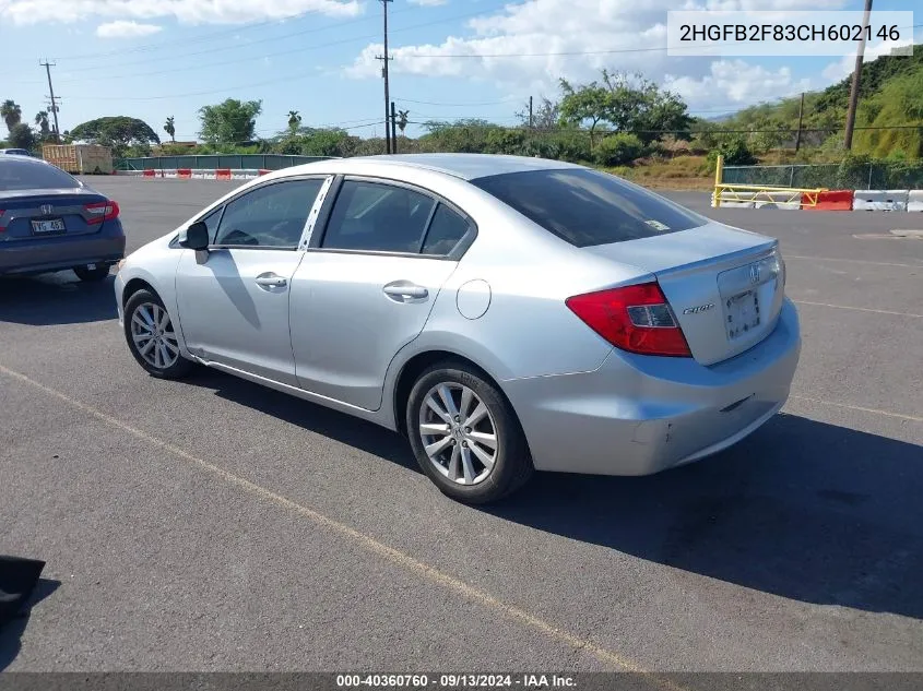 2012 Honda Civic Ex VIN: 2HGFB2F83CH602146 Lot: 40360760