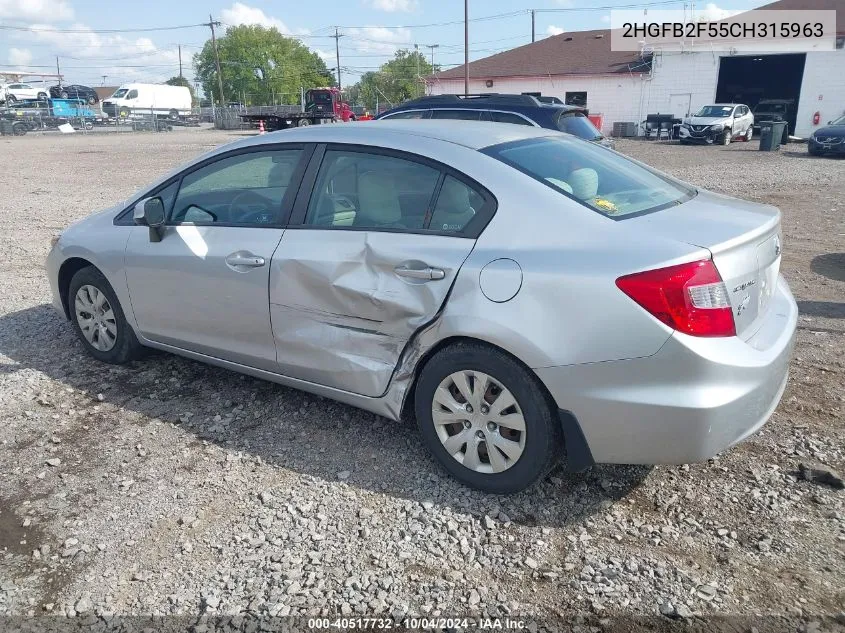 2012 Honda Civic Lx VIN: 2HGFB2F55CH315963 Lot: 40517732