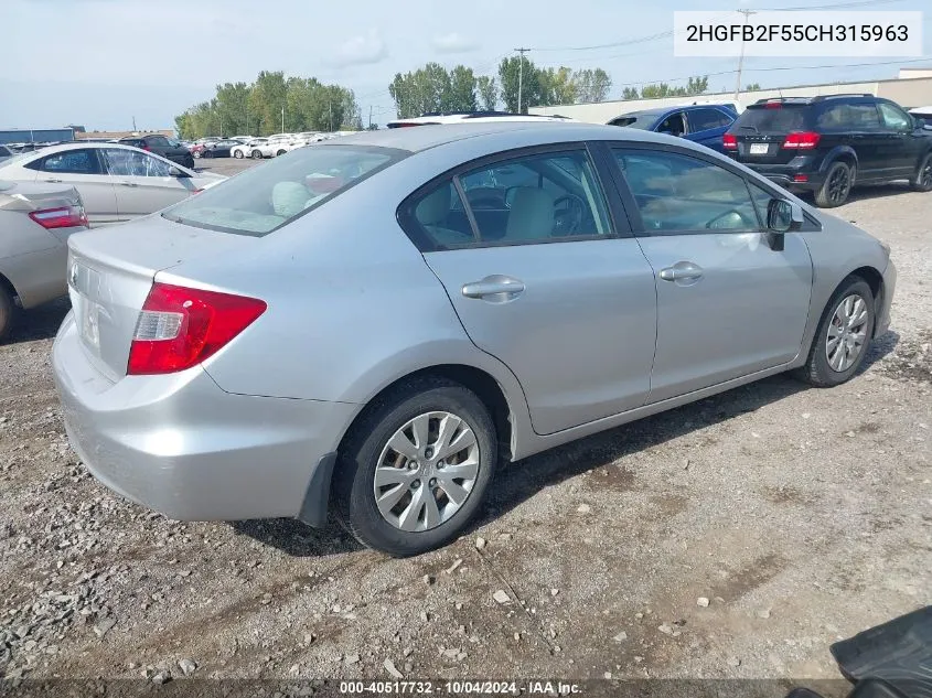 2012 Honda Civic Lx VIN: 2HGFB2F55CH315963 Lot: 40517732