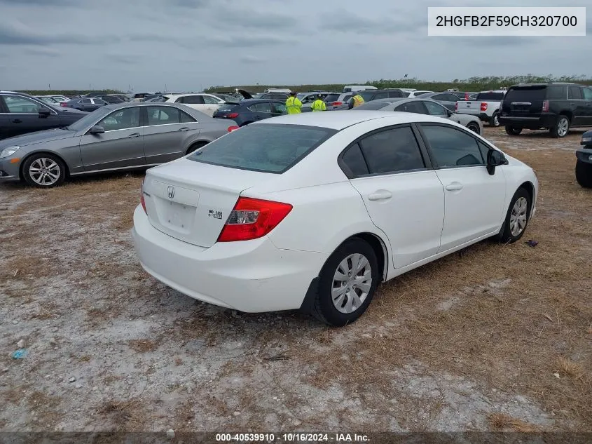 2012 Honda Civic Lx VIN: 2HGFB2F59CH320700 Lot: 40539910