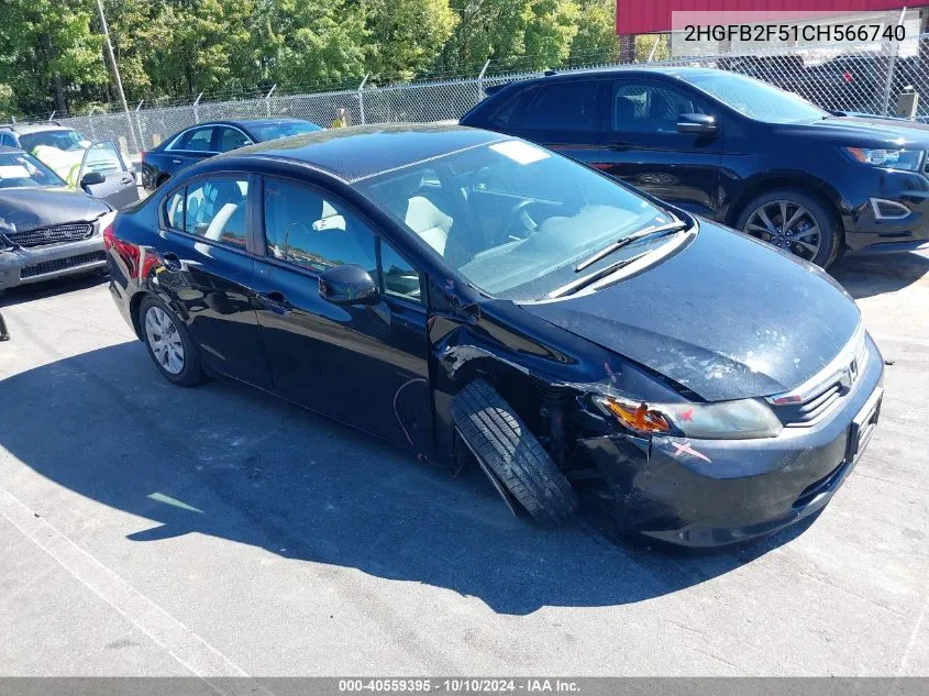 2012 Honda Civic Lx VIN: 2HGFB2F51CH566740 Lot: 40559395