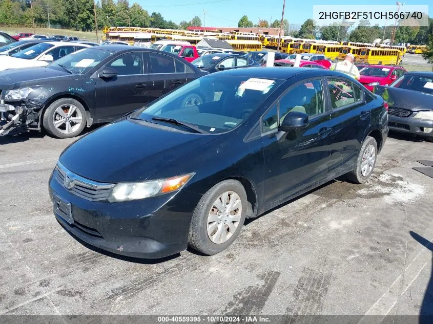 2012 Honda Civic Lx VIN: 2HGFB2F51CH566740 Lot: 40559395