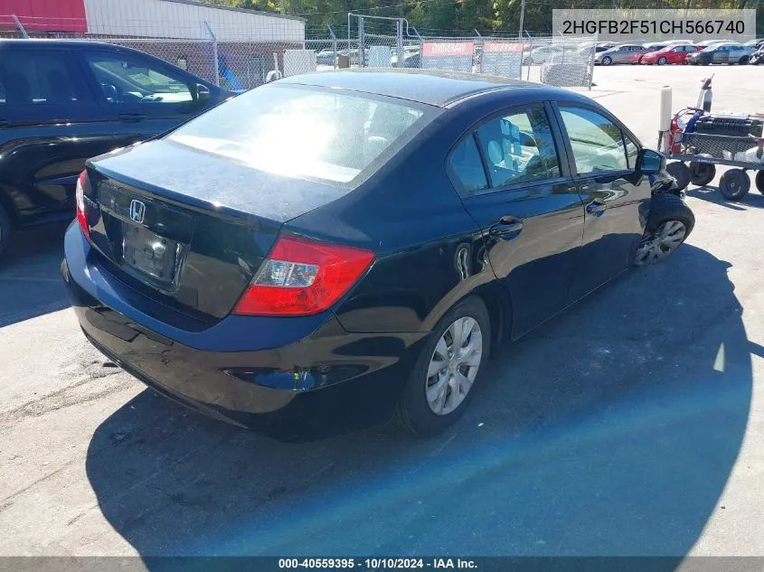 2012 Honda Civic Lx VIN: 2HGFB2F51CH566740 Lot: 40559395