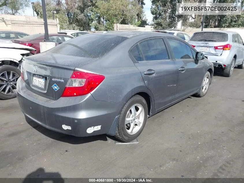 2012 Honda Civic Natural Gas VIN: 19XFB5F57CE002425 Lot: 40681800