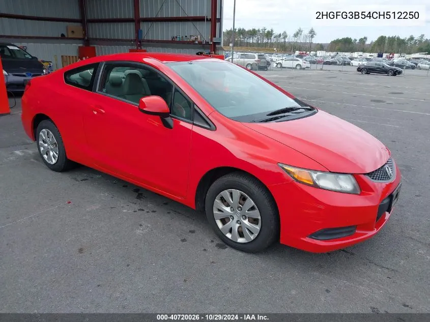 2012 Honda Civic Lx VIN: 2HGFG3B54CH512250 Lot: 40720026