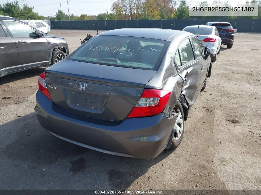 2012 Honda Civic Lx VIN: 2HGFB2F55CH501387 Lot: 40720755