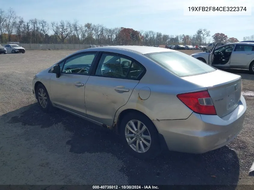 2012 Honda Civic Ex VIN: 19XFB2F84CE322374 Lot: 40735012