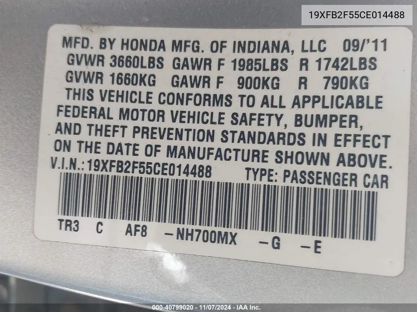 2012 Honda Civic Lx VIN: 19XFB2F55CE014488 Lot: 40799020