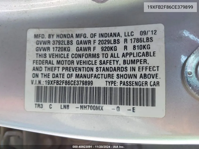 2012 Honda Civic Ex VIN: 19XFB2F86CE379899 Lot: 40923091