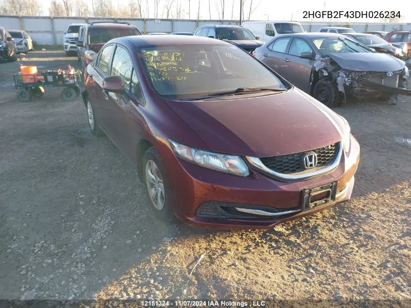 2013 Honda Civic Lx VIN: 2HGFB2F43DH026234 Lot: 12151324