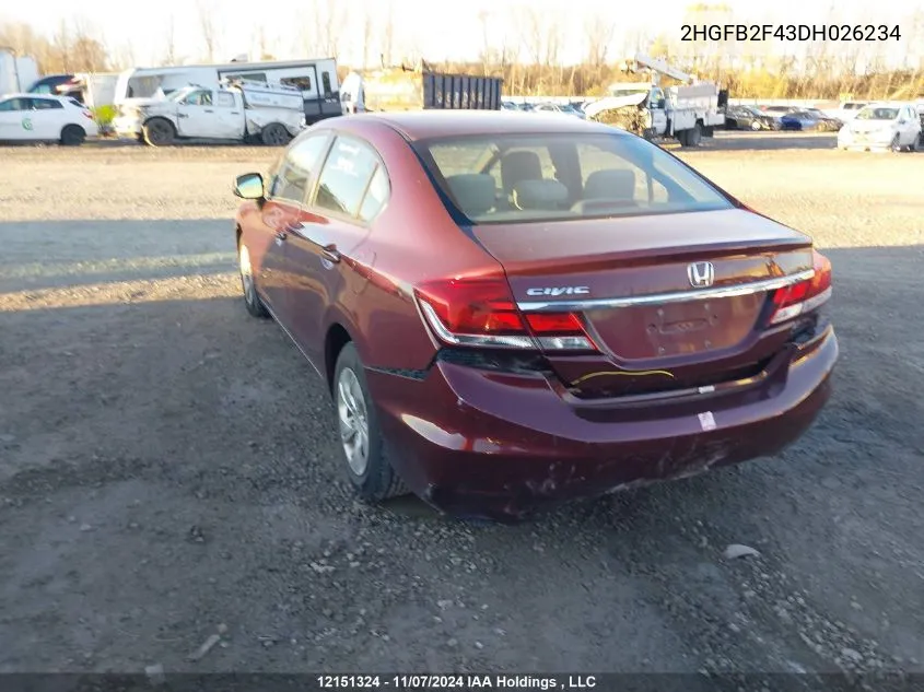 2013 Honda Civic Lx VIN: 2HGFB2F43DH026234 Lot: 12151324