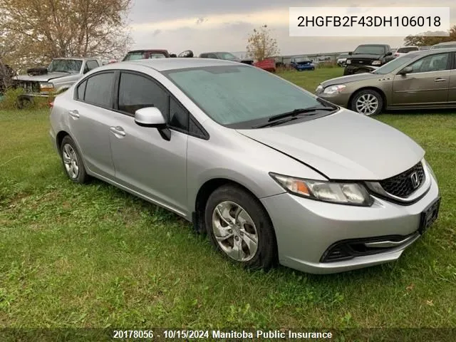 2013 Honda Civic Lx VIN: 2HGFB2F43DH106018 Lot: 20178056