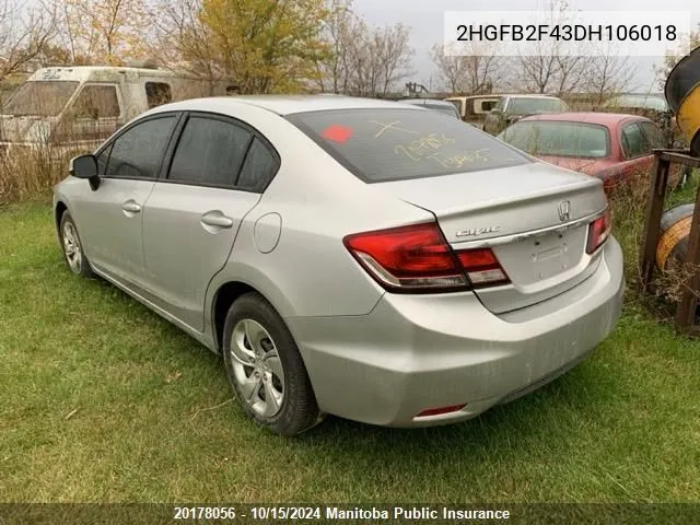 2013 Honda Civic Lx VIN: 2HGFB2F43DH106018 Lot: 20178056